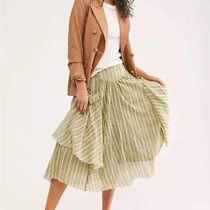 FP One Sz M Elisa Striped Midi Skirt Flowy Gauzy Layered Fringe Pockets Green